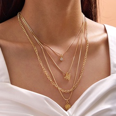 fashion all-match multi-layer diamond five-star M letter sun flower alloy pendant necklace for women