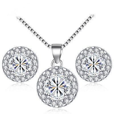 new fashion two-piece geometric round zircon earrings necklace set for women's discount tags