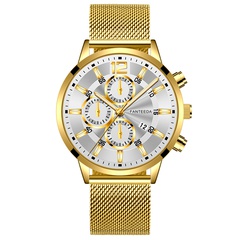Mode Drei-Augen-Sechs-Pin-Mesh-Armband großes Zifferblatt ultradünne Kalender Herren Business-Uhr