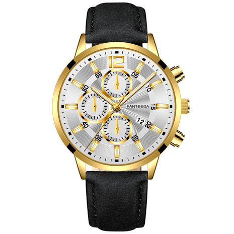 Ultra-thin fashion three-eye calendar casual men's belt wrist watch's discount tags