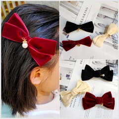 Big bow hairpin Korean gold velvet hanging pearl top clip cute hairpin headdress wholesale