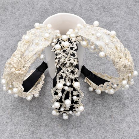 Nuevo material de encaje perla exagerada anudada diadema hueca tocado de pelo lateral al por mayor's discount tags