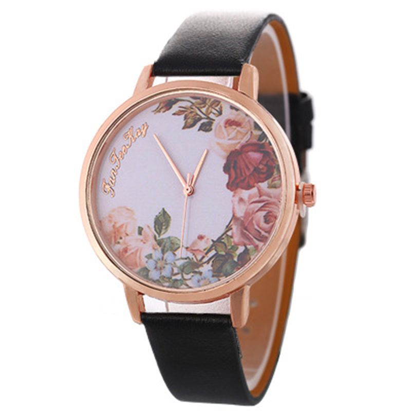 Fashion simple rose flower belt watch sweet style PU thin leather belt quartz ladies watch
