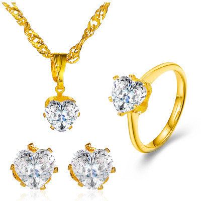 Nouvelle mode vente chaude ensemble amour coeur zircon collier anneau boucle d'oreille trois pièces ensemble de bijoux en gros's discount tags