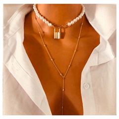 collar de cadena de cuentas redondas en forma de cerradura de perla larga exagerada moda al por mayor nihaojewely