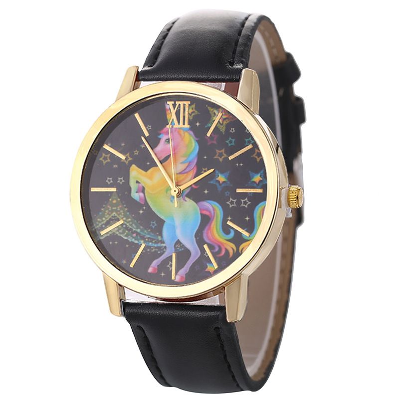 Fashion gold shell casual ladies belt quartz colorful fivepointed star horse unicorn pattern watch wholesale