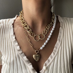 fashion punk style alloy pearl fashion heart-shaped pendant texture multilayer chain women's necklace
