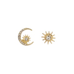 Korean fashion alloy asymmetrical sun moon and stars full diamond earrings for women