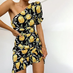 Fashion hot sale lemon print ruffled short skirt sexy slanted shoulder design dress