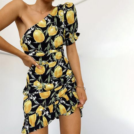 Fashion hot sale lemon print ruffled short skirt sexy slanted shoulder design dress's discount tags