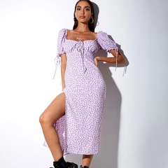 Amazon eaby neues rücken freies, gespalttes langes Kleid sexy quadratischen Kragen kurz ärmel iges vierseiliges Blumen kleid Sommer