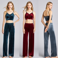 Fashion gold velvet wide-leg pants spring high waist loose straight all-match pants casual women's pajama