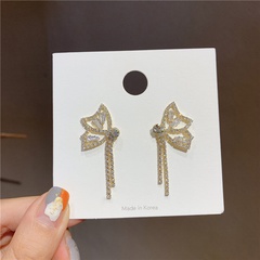 Korea 925 silver needle full diamond bow long tassel alloy earrings