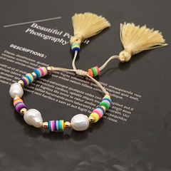 Bohemian style natural pearl rice bead woven colorful soft pottery drawstring tassel bracelet for women