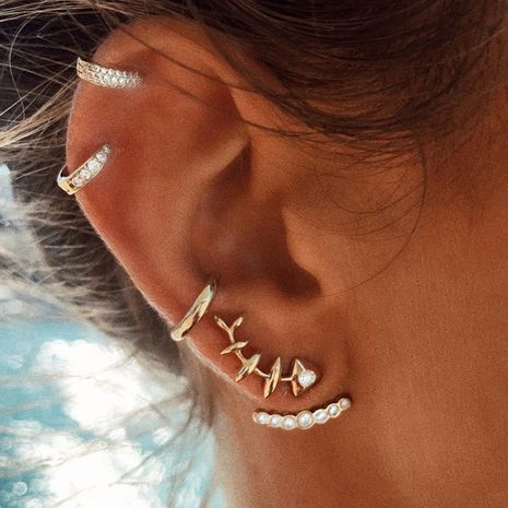 Korean new fashion women's full diamond back-hanging fish bone alloy earrings set's discount tags