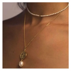 Korean Style Elegant Pearl Double-Layer Necklace Personalized Gold Coin Pendant Fashion Short Necklace Female 15060
