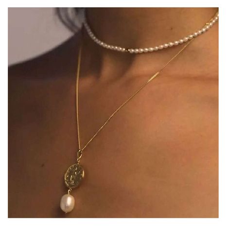 Korean Style Elegant Pearl Double-Layer Necklace Personalized Gold Coin Pendant Fashion Short Necklace Female 15060's discount tags