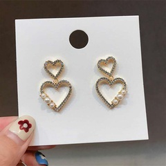 925 silver needle fashion Korean full diamond double love hollow peach heart pearl new trendy earrings