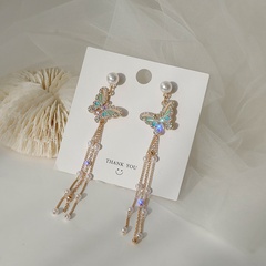 Pendientes largos de mariposa con borlas coreanas de moda con perlas de diamantes y agujas de plata S925 para mujeres