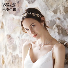 Mianino Creative Style European and American Bride Headdress Hand-Woven Simple Pearl Hair Band Golden Leaf Hair Band