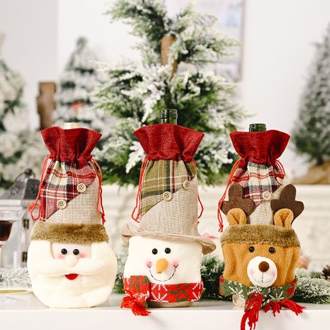Haube Weihnachts dekoration liefert Leinen knöpfe, karierte Weinflaschen hülle, Cartoon alter Mann, Schneemann, Weinflaschen tasche, Rotwein hülle's discount tags