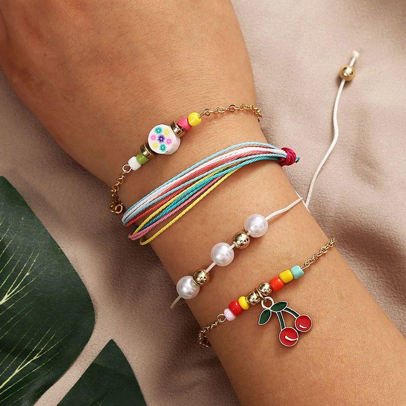 Bohemian rope beaded cherry  creative trend multilayer woven bracelet set