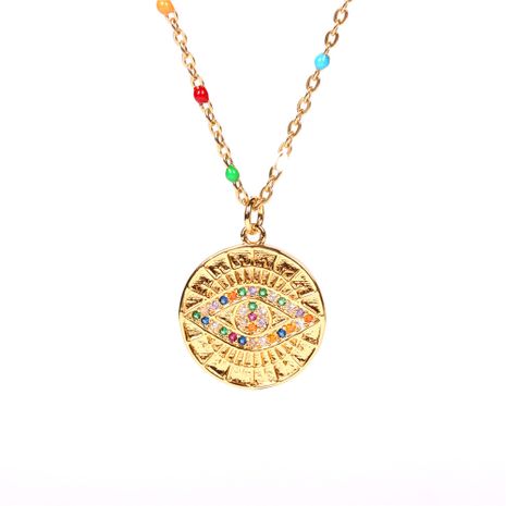 wholesale fashion retro colored diamonds Devil's eye round medal coin necklace eye clavicle chain's discount tags