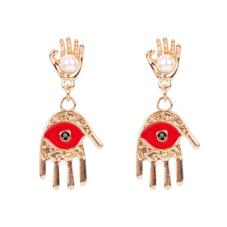 retro alloy inlaid pearl red eyes palm fashion earrings wholesale's discount tags