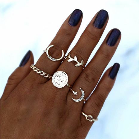 Hot selling fashion diamond moon love leaf six-piece rings set's discount tags