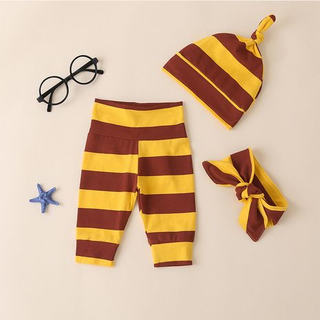 Fashion newborn three-piece baby cute yellow striped hat turban suit's discount tags