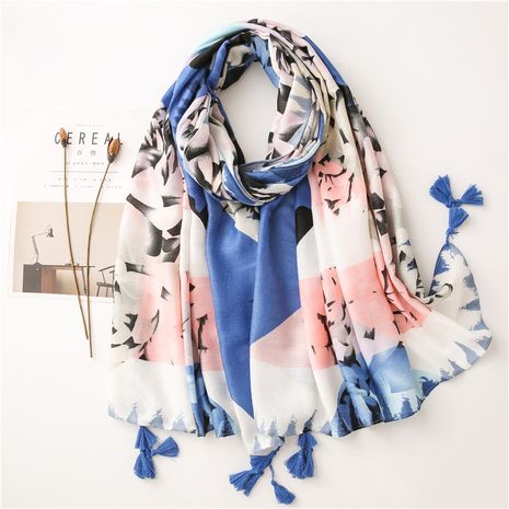 Retro cotton and linen scarf abstract blue powder long sunscreen shawl's discount tags