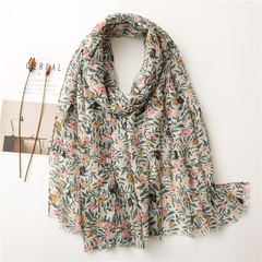 Hot selling fashion sunscreen green flower gauze cotton and linen scarf