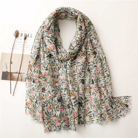 Hot selling fashion sunscreen green flower gauze cotton and linen scarf's discount tags