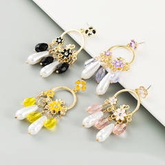 new long fringed pearl crystal drop oil flower alloy inlaid rhinestone earrings for women