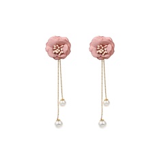 Fashion Candy Color Flower Pearl Long Tassel Fabric Sweet  Fresh Stud Earrings