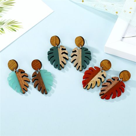 Fashion hollow leaf wood  retro  wood resin earrings for women's discount tags