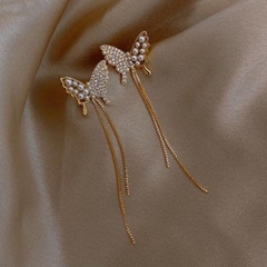925 Silver Needle Diamond Pearl Butterfly Korean Long Tassel All-match Earrings