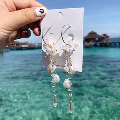 S925 silver needle exaggerated long crystal string pearl tassel white flower new earrings for women