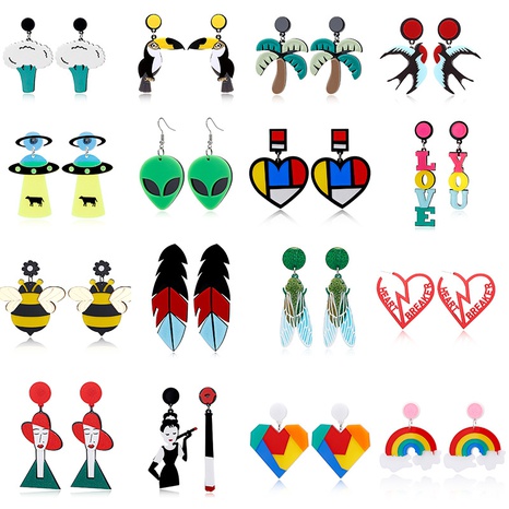 exaggerated acrylic woodpecker swallow spaceship feather cicada love rainbow cauliflower alien earrings's discount tags