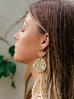 new straw woven round wood  retro  earrings