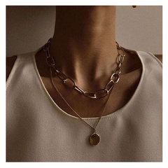gold thick chain round pendant alloy double layer all-match necklace accessories