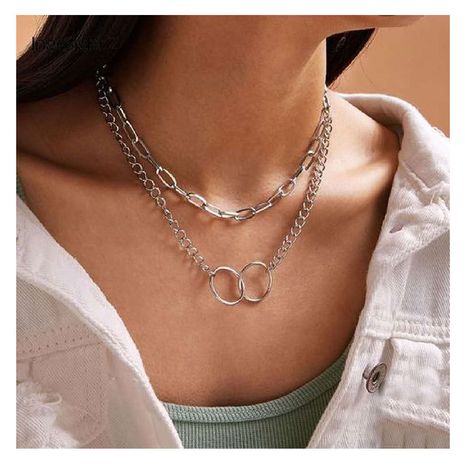 simple alloy double ring interlocking pendant multi-layer clavicle chain necklace's discount tags