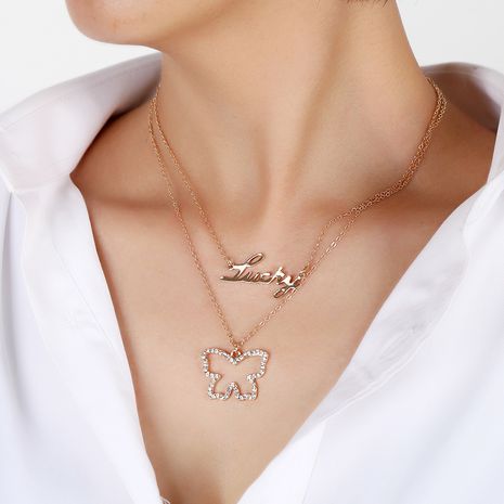 Korean simple multi-layer diamond necklace fashion new hollow butterfly letter clavicle chain's discount tags