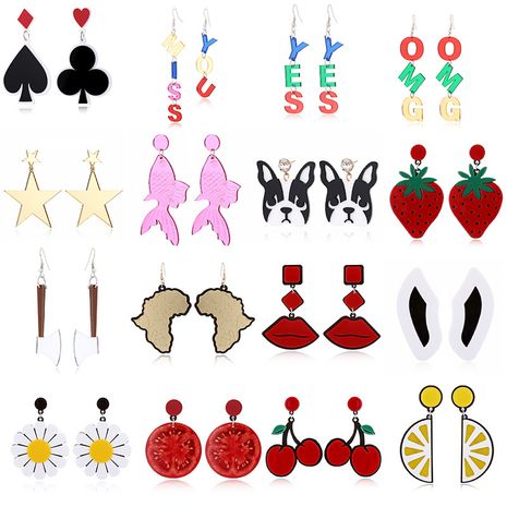 Acrylic Sun Flower Puppy Letter Map Five-pointed Star Lemon Cherry Strawberry Mouth Tomato earrings's discount tags