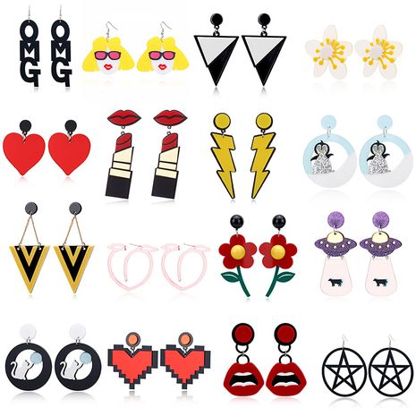 Acrylic Lipstick Lightning Flower Spaceship Mouth heart Penguin Peach Triangle Geometry Earrings's discount tags