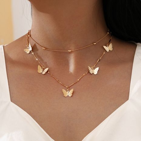 new simple and sweet bamboo link chain butterfly pendant clavicle chain double layer necklace's discount tags