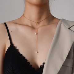 Niche fashion trendy pearl vertical square chain pull necklace bracelet set