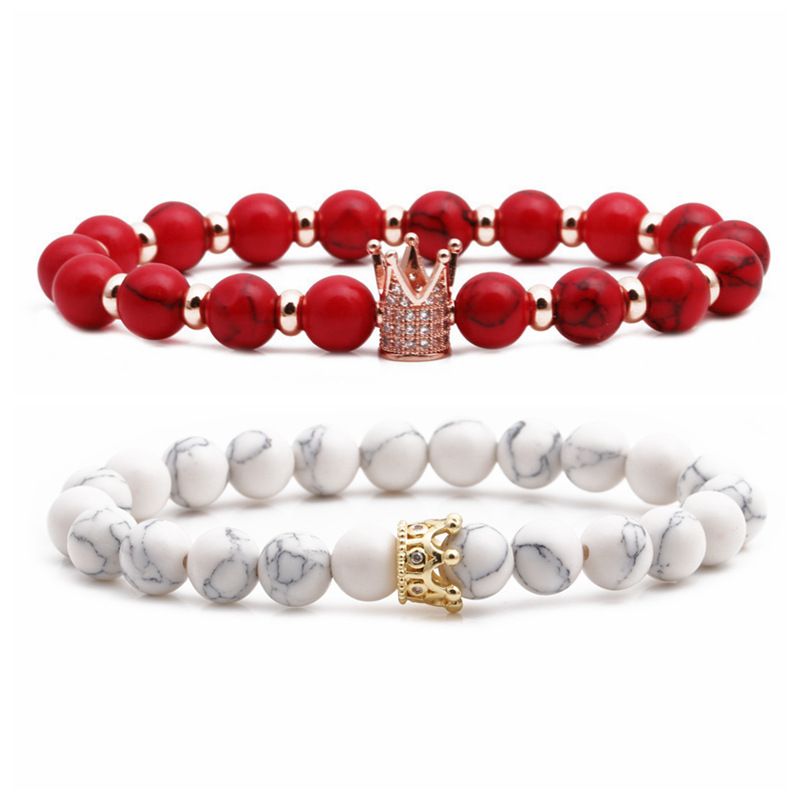 HotSelling White Pine Red Trkis Matt Schwarz Stein Krone Paar Kupfer Perle Perlen Armband
