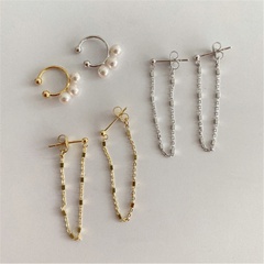 Korean simple ear bone clip two-piece metal tassel pearl  earrings set wholesale