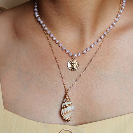 Hot selling Double Layer Gold Coin Shell women's Necklace's discount tags